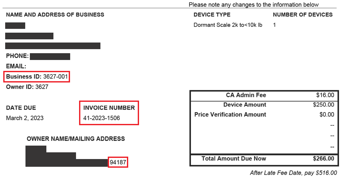 Invoice example with location of required information highlighted